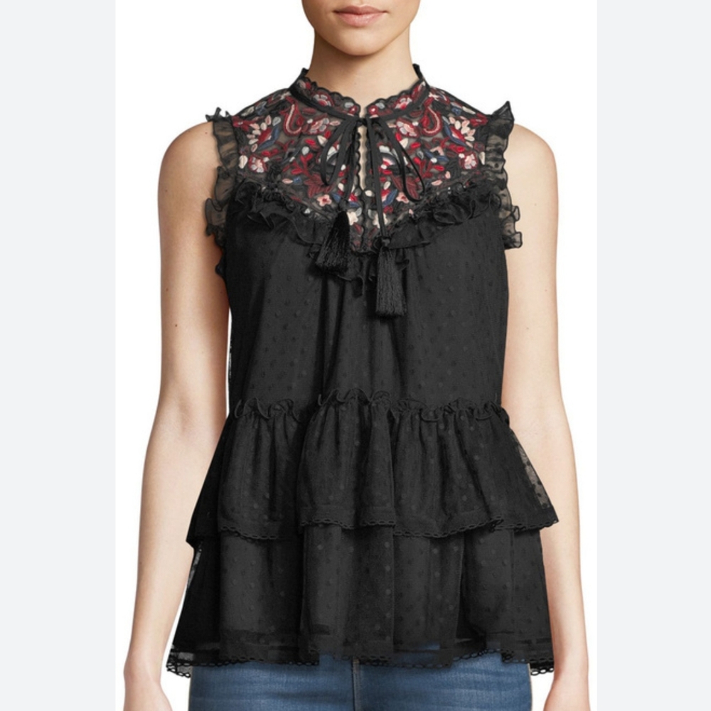 EUC Kate Spade New York Camelia Embroidered peplum Ruffle Top size XXS